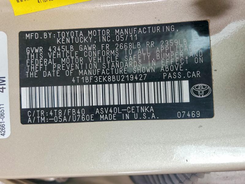 Продаж на аукціоні авто 2011 Toyota Camry Automatic, vin: 4T1BF3EK8BU219427, номер лоту: 51029716