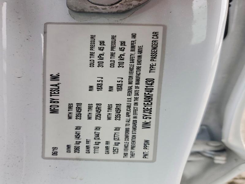 2019 Tesla Model 3 მანქანა იყიდება აუქციონზე, vin: 5YJ3E1EA9KF401430, აუქციონის ნომერი: 48503206