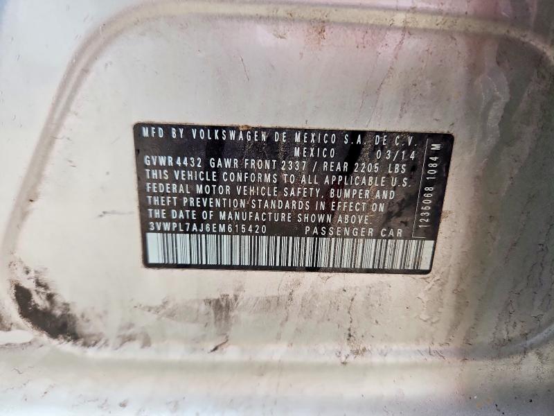 2014 Volkswagen Jetta მანქანა იყიდება აუქციონზე, vin: 3VWPL7AJ6EM615420, აუქციონის ნომერი: 51871986