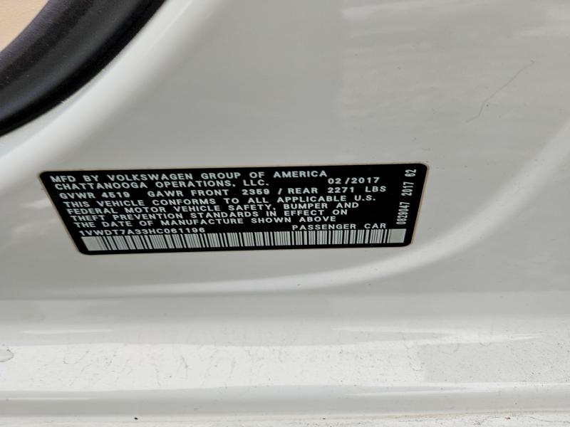 Продаж на аукціоні авто 2017 Volkswagen Passat, vin: 1VWDT7A33HC061196, номер лоту: 48437056