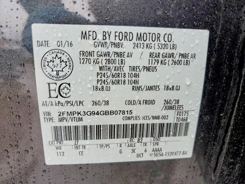 50278556 :رقم المزاد ، 2FMPK3G94GBB07815 vin ، 2016 Ford Edge مزاد بيع