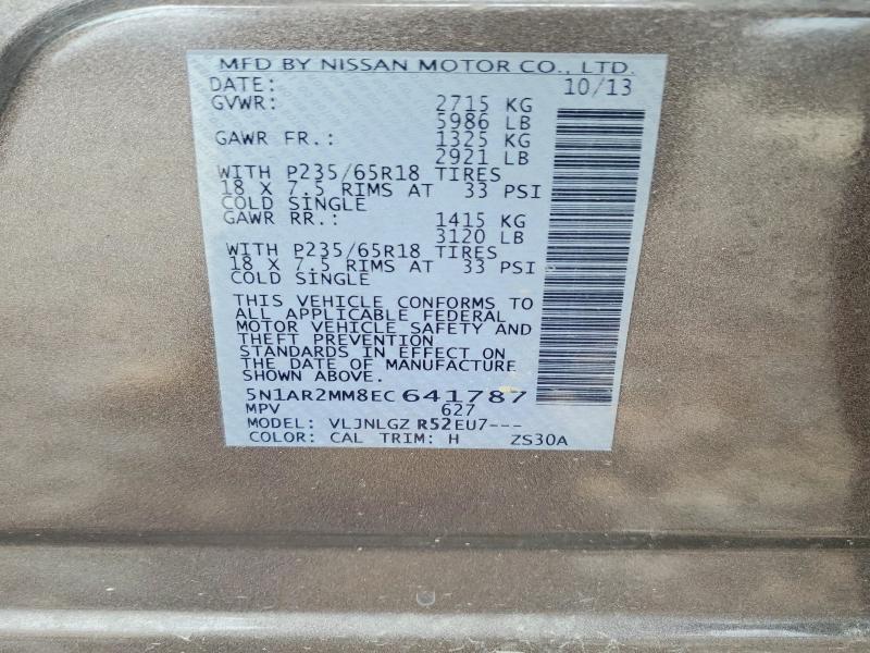 50331136 :رقم المزاد ، 5N1AR2MM8EC641787 vin ، 2014 Nissan Pathfinder مزاد بيع