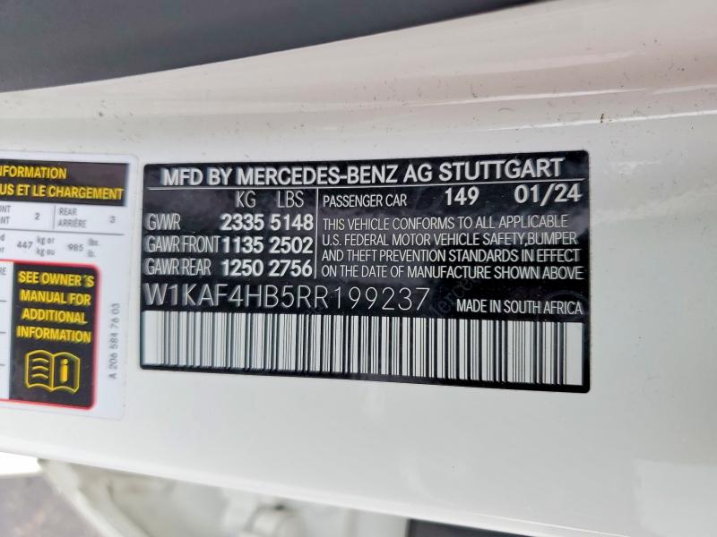 2024 Mercedes-benz C მანქანა იყიდება აუქციონზე, vin: W1KAF4HB5RR199237, აუქციონის ნომერი: 50484096