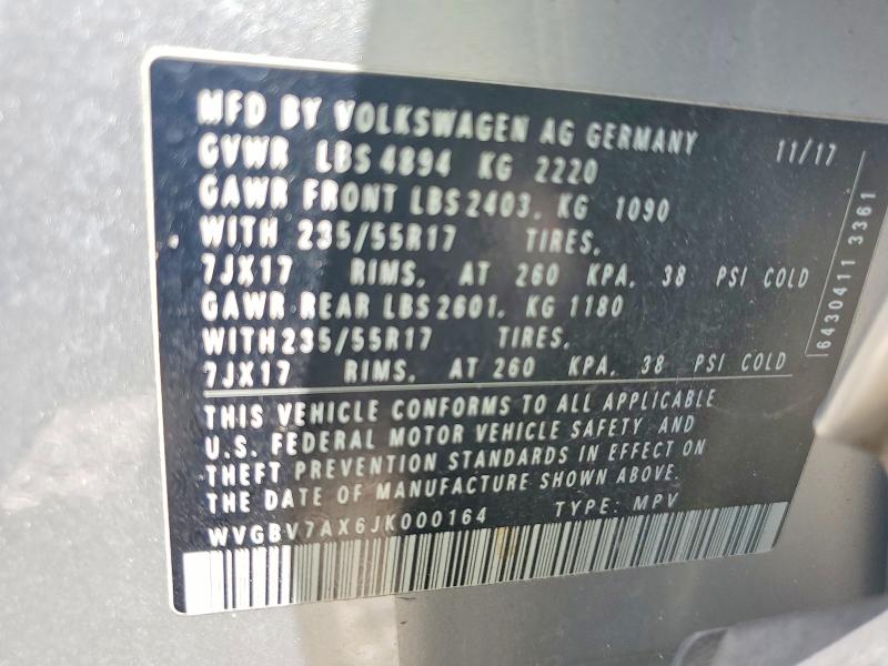 2018 Volkswagen Tiguan Limited მანქანა იყიდება აუქციონზე, vin: WVGBV7AX6JK000164, აუქციონის ნომერი: 50324146