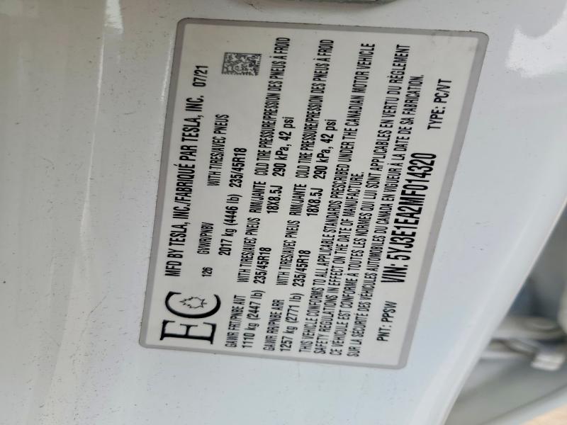2021 Tesla Model 3 მანქანა იყიდება აუქციონზე, vin: 5YJ3E1EA2MF014320, აუქციონის ნომერი: 50077806