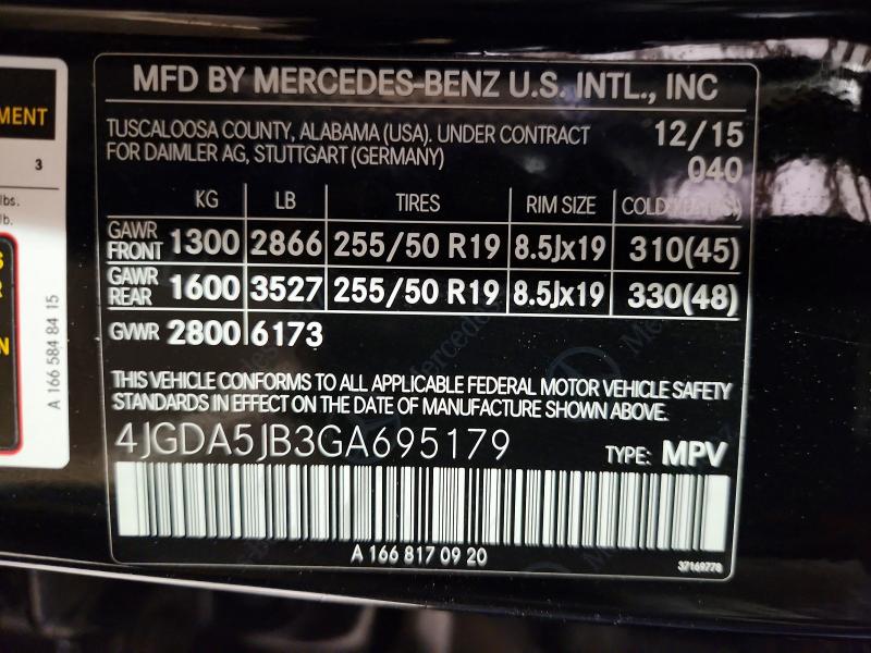 51619056 :رقم المزاد ، 4JGDA5JB3GA695179 vin ، 2016 Mercedes-benz Gle مزاد بيع