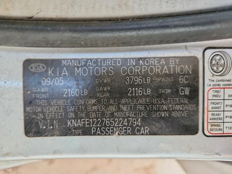 50175506 :رقم المزاد ، KNAFE122765224794 vin ، 2006 Kia Spectra مزاد بيع