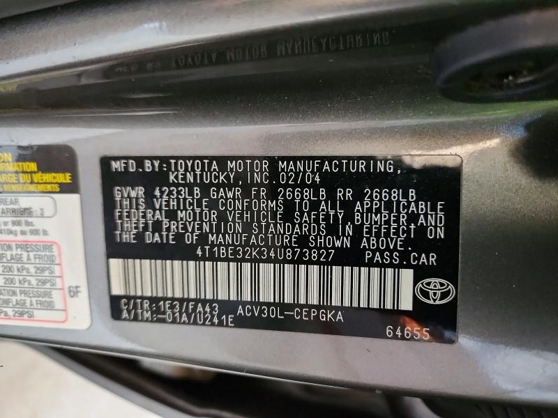 2004 Toyota Camry მანქანა იყიდება აუქციონზე, vin: 4T1BE32K34U873827, აუქციონის ნომერი: 50505436
