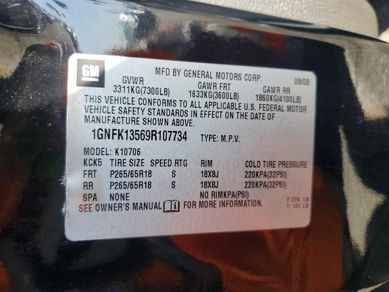 50338646 :رقم المزاد ، 1GNFK13569R107734 vin ، 2009 Chevrolet Tahoe مزاد بيع