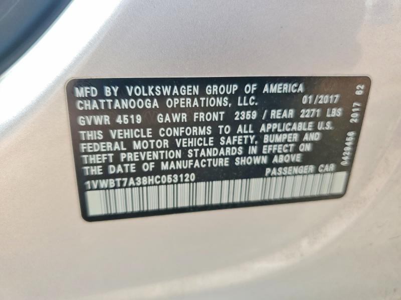 2017 Volkswagen Passat მანქანა იყიდება აუქციონზე, vin: 1VWBT7A38HC053120, აუქციონის ნომერი: 48463286