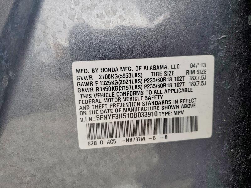 2013 Honda Pilot მანქანა იყიდება აუქციონზე, vin: 5FNYF3H51DB033910, აუქციონის ნომერი: 49666536