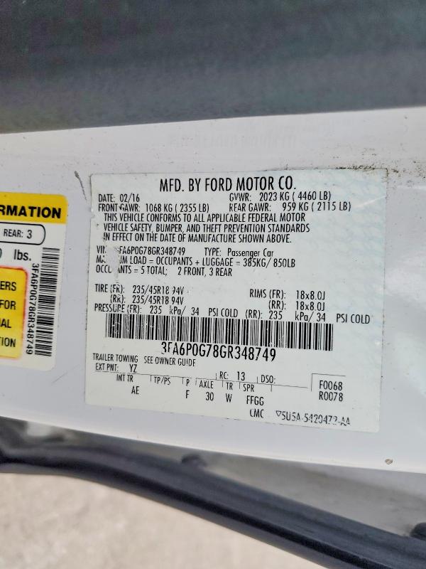 2016 Ford Fusion მანქანა იყიდება აუქციონზე, vin: 3FA6P0G78GR348749, აუქციონის ნომერი: 50756186