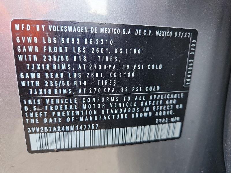 2022 Volkswagen Tiguan მანქანა იყიდება აუქციონზე, vin: 3VV2B7AX4NM147757, აუქციონის ნომერი: 47624296