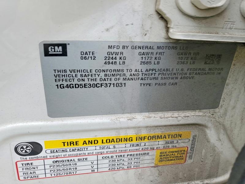2012 Buick Lacrosse მანქანა იყიდება აუქციონზე, vin: 1G4GD5E30CF371031, აუქციონის ნომერი: 49443356