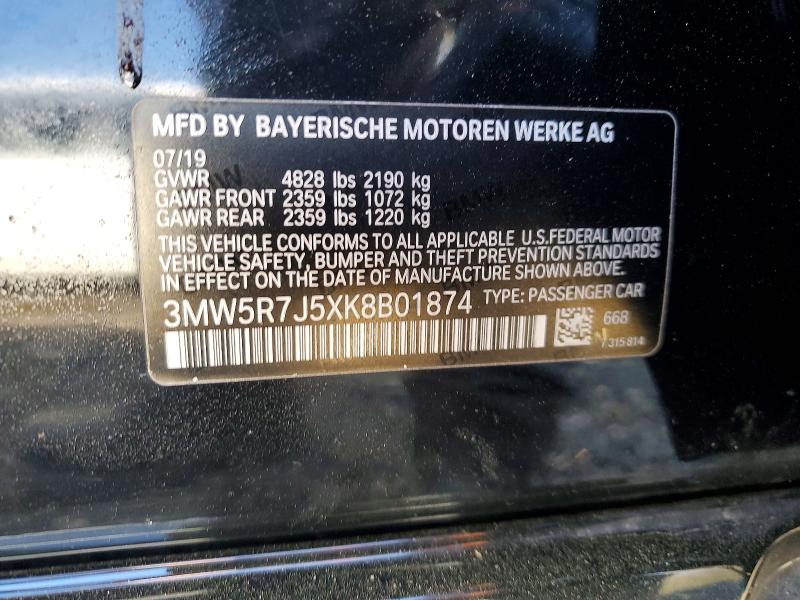 48827956 :رقم المزاد ، 3MW5R7J5XK8B01874 vin ، 2019 Bmw 330xi مزاد بيع