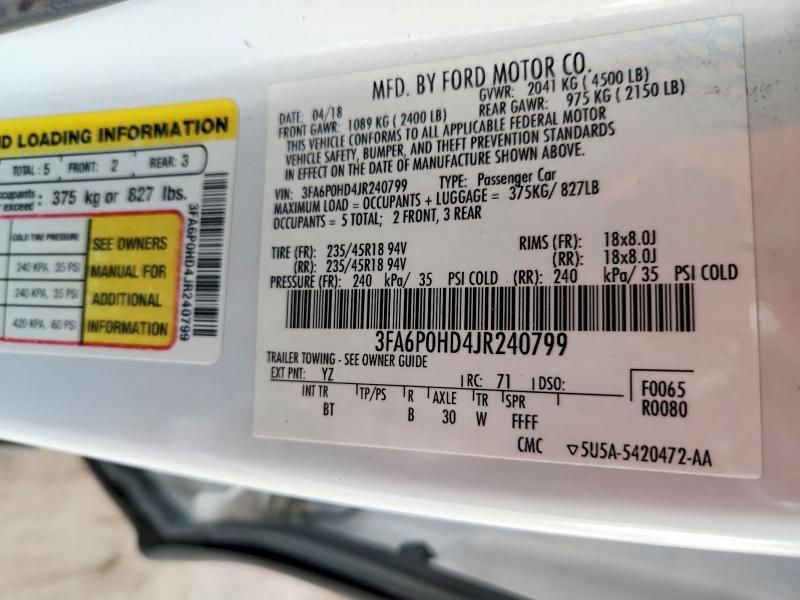 Aukcja sprzedaży 2018 Ford Fusion, vin: 3FA6P0HD4JR240799, numer aukcji: 51706546