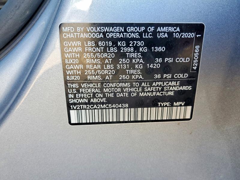 2021 Volkswagen Atlas მანქანა იყიდება აუქციონზე, vin: 1V2TR2CA2MC540438, აუქციონის ნომერი: 50566236