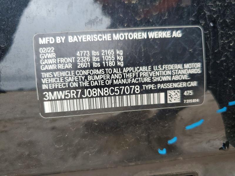 Aukcja sprzedaży 2022 Bmw 330xi, vin: 3MW5R7J08N8C57078, numer aukcji: 50598366