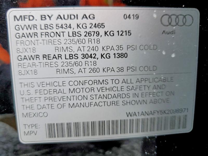 2019 Audi Q5 მანქანა იყიდება აუქციონზე, vin: WA1ANAFY5K2098971, აუქციონის ნომერი: 48957686