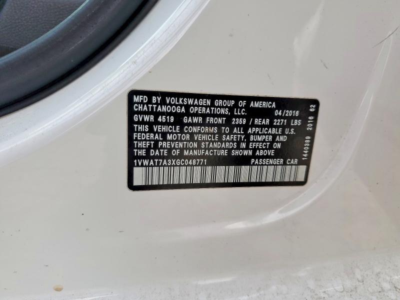 50160466 :رقم المزاد ، 1VWAT7A3XGC048771 vin ، 2016 Volkswagen Passat مزاد بيع