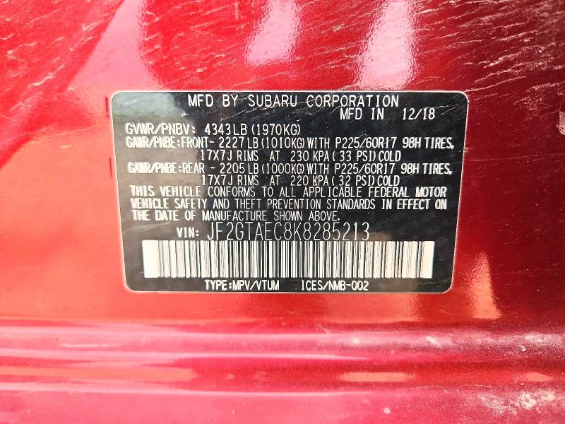 Aukcja sprzedaży 2019 Subaru Crosstrek, vin: JF2GTAEC8K8285213, numer aukcji: 51369686