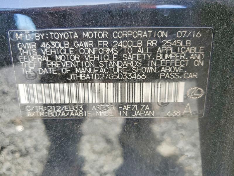 46215226 :رقم المزاد ، JTHBA1D27G5033466 vin ، 2016 Lexus Is 200t مزاد بيع