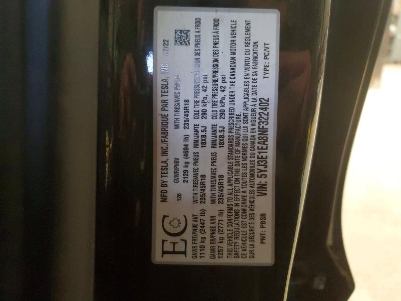 Продажа на аукционе авто 2022 Tesla Model 3, vin: 5YJ3E1EA8NF322402, номер лота: 49296126