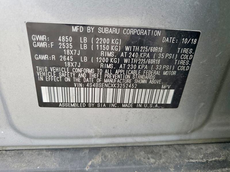 50656316 :رقم المزاد ، 4S4BSENCXK3252452 vin ، 2019 Subaru Outback مزاد بيع