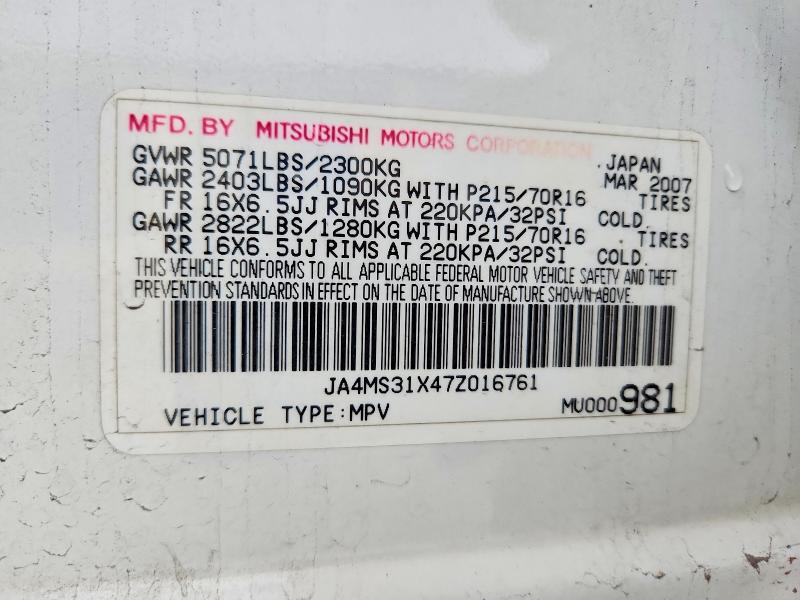 Aukcja sprzedaży 2007 Mitsubishi Outlander, vin: JA4MS31X47Z016761, numer aukcji: 50444486