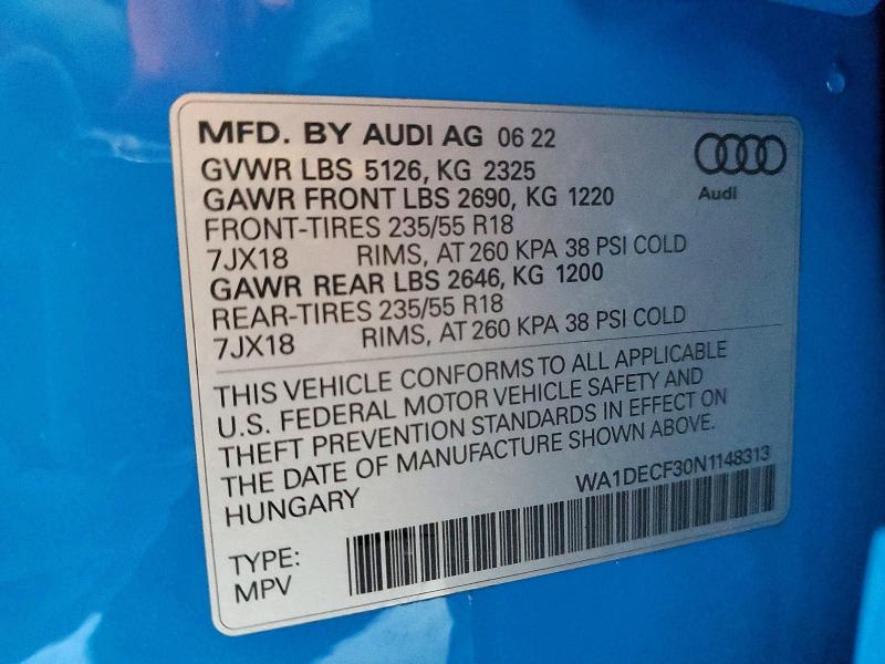 2022 Audi Q3 მანქანა იყიდება აუქციონზე, vin: WA1DECF30N1148313, აუქციონის ნომერი: 48468686