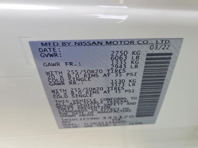 Aukcja sprzedaży 2022 Infiniti Qx60, vin: 5N1DL1FS9NC335170, numer aukcji: 49076876