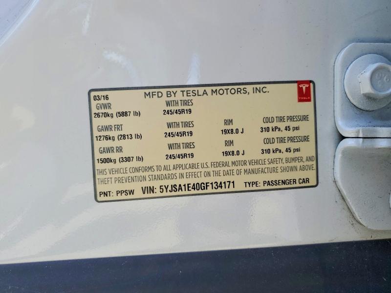 2016 Tesla Model S მანქანა იყიდება აუქციონზე, vin: 5YJSA1E40GF134171, აუქციონის ნომერი: 49687006