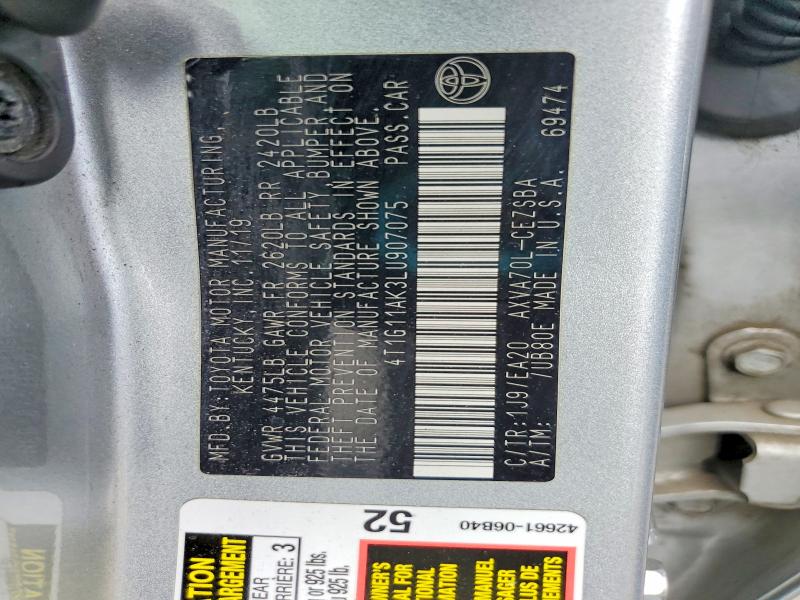 Продаж на аукціоні авто 2020 Toyota Camry, vin: 4T1G11AK3LU907075, номер лоту: 50263896