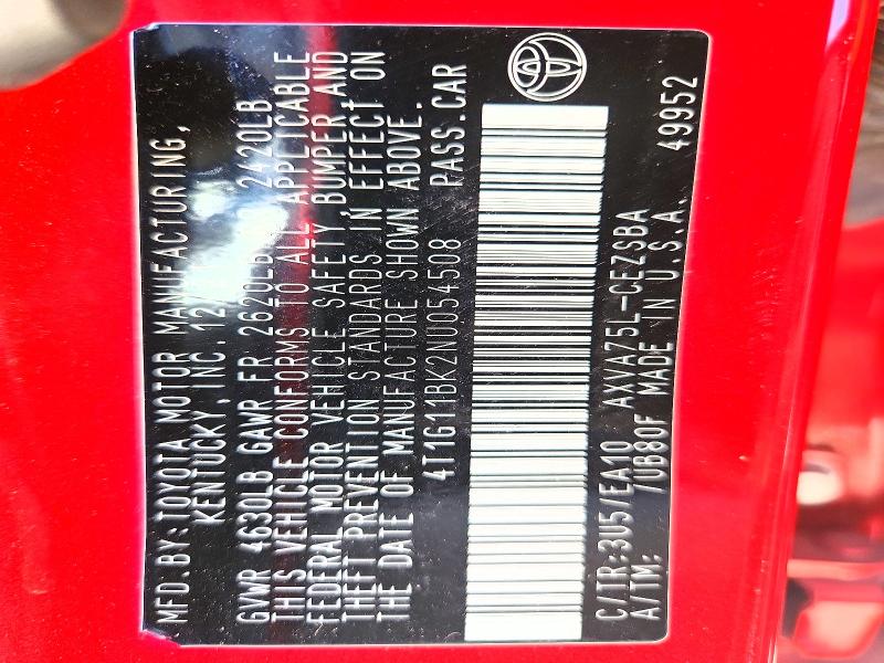 51890946 :رقم المزاد ، 4T1G11BK2NU054508 vin ، 2022 Toyota Camry مزاد بيع