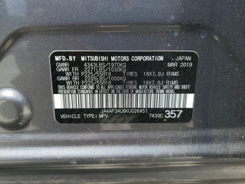 Продаж на аукціоні авто 2019 Mitsubishi Outlander Sport, vin: JA4AP3AU6KU026451, номер лоту: 49263806