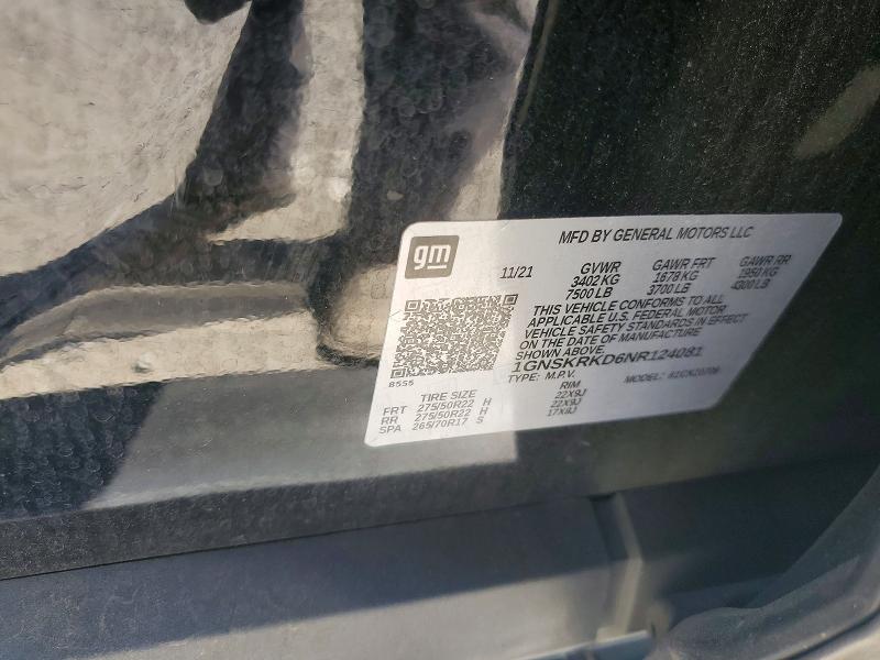 Aukcja sprzedaży 2022 Chevrolet Tahoe, vin: 1GNSKRKD6NR124081, numer aukcji: 50893356