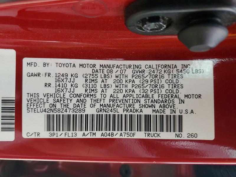 Продажа на аукционе авто 2008 Toyota Tacoma, vin: 5TELU42N58Z473289, номер лота: 51481376