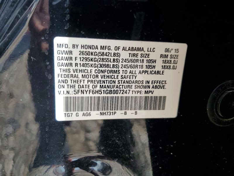 49976006 :رقم المزاد ، 5FNYF6H51GB007247 vin ، 2016 Honda Pilot مزاد بيع