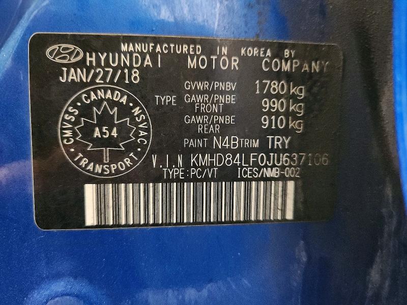 51191536 :رقم المزاد ، KMHD84LF0JU637106 vin ، 2018 Hyundai Elantra مزاد بيع