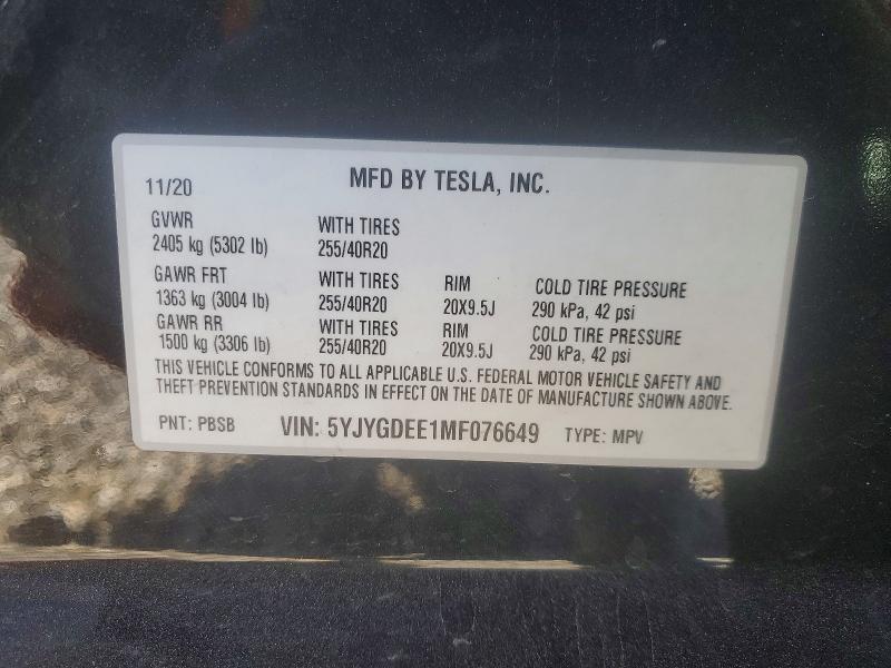2021 Tesla Model Y მანქანა იყიდება აუქციონზე, vin: 5YJYGDEE1MF076649, აუქციონის ნომერი: 48927486