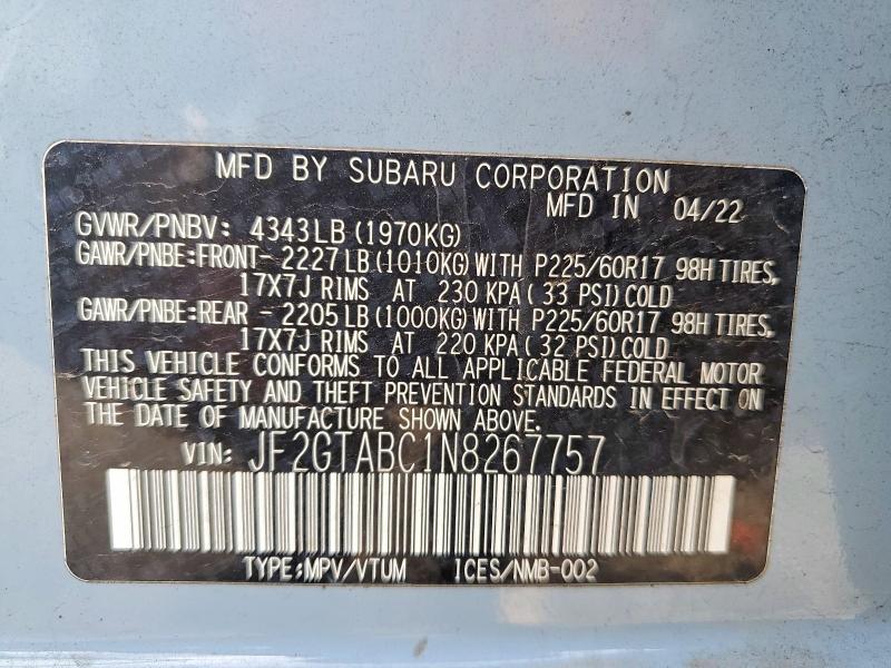 2022 Subaru Crosstrek მანქანა იყიდება აუქციონზე, vin: JF2GTABC1N8267757, აუქციონის ნომერი: 50191206