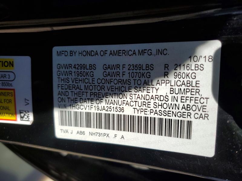 Продаж на аукціоні авто 2018 Honda Accord, vin: 1HGCV1F19JA251536, номер лоту: 49006666