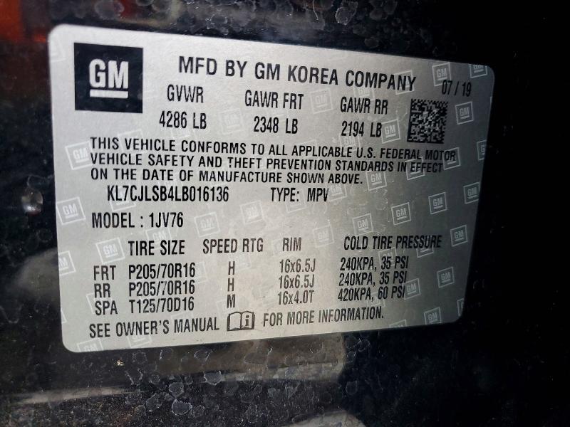 49801846 :رقم المزاد ، KL7CJLSB4LB016136 vin ، 2020 Chevrolet Trax مزاد بيع