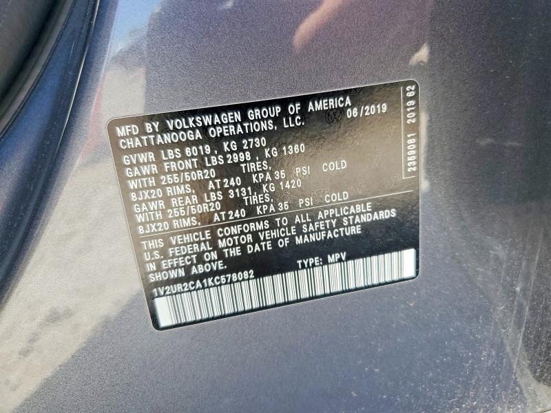 2019 Volkswagen Atlas მანქანა იყიდება აუქციონზე, vin: 1V2UR2CA1KC578082, აუქციონის ნომერი: 48996036