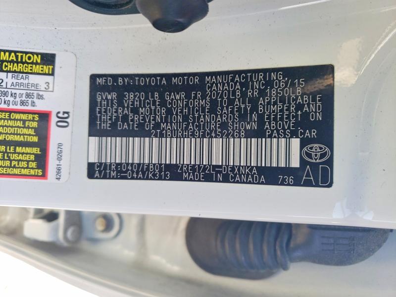 2015 Toyota Corolla მანქანა იყიდება აუქციონზე, vin: 2T1BURHE9FC452268, აუქციონის ნომერი: 49311046