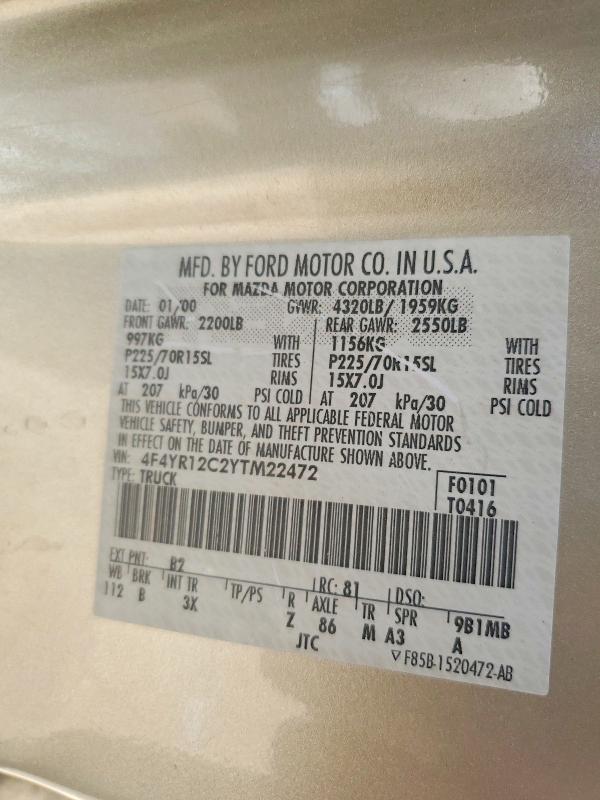 51044616 :رقم المزاد ، 4F4YR12C2YTM22472 vin ، 2000 Mazda B2500 مزاد بيع