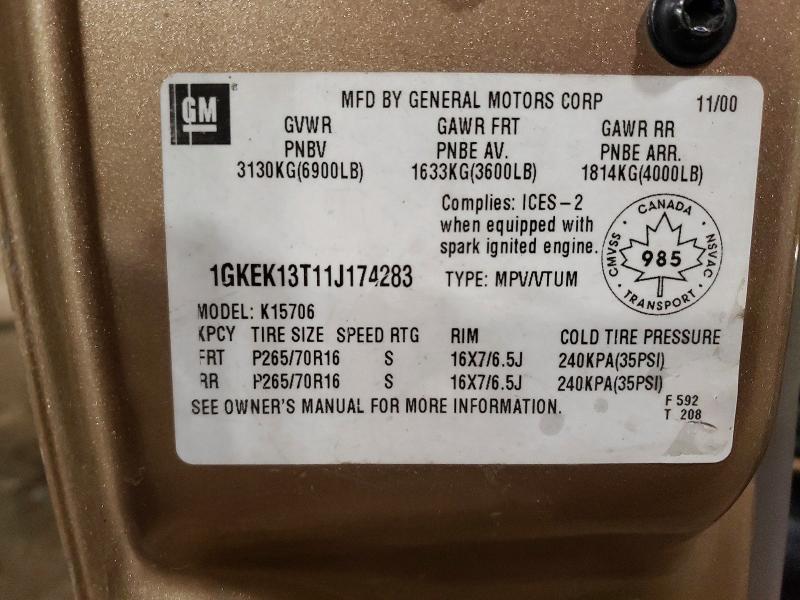 2001 Gmc Yukon მანქანა იყიდება აუქციონზე, vin: 1GKEK13T11J174283, აუქციონის ნომერი: 51206896