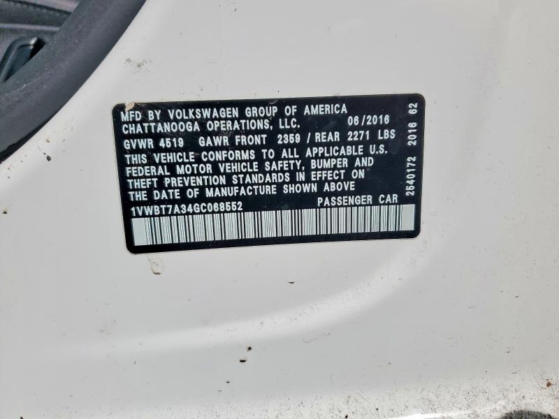 49744576 :رقم المزاد ، 1VWBT7A34GC068552 vin ، 2016 Volkswagen Passat مزاد بيع