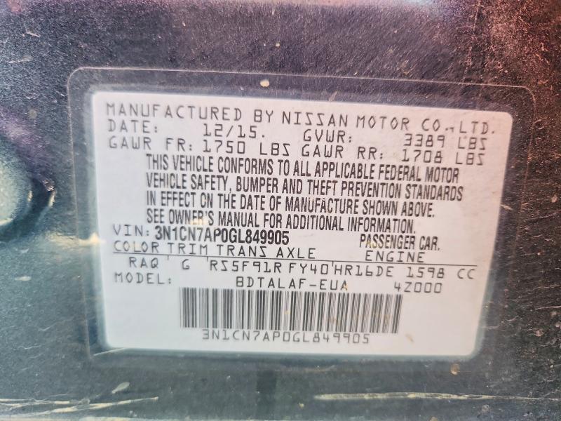 Aukcja sprzedaży 2016 Nissan Versa, vin: 3N1CN7AP0GL849905, numer aukcji: 48879786