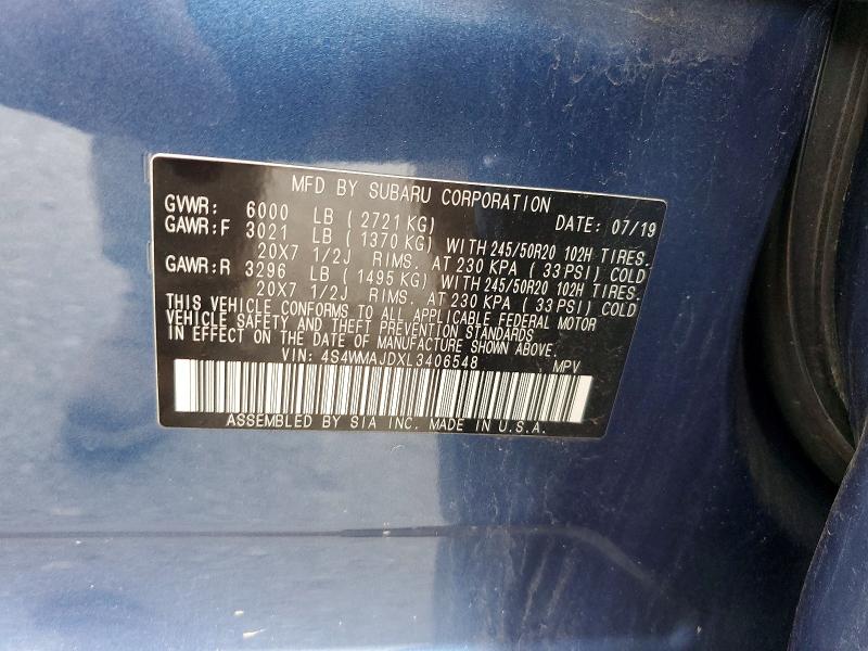 2020 Subaru Ascent მანქანა იყიდება აუქციონზე, vin: 4S4WMAJDXL3406548, აუქციონის ნომერი: 50793906